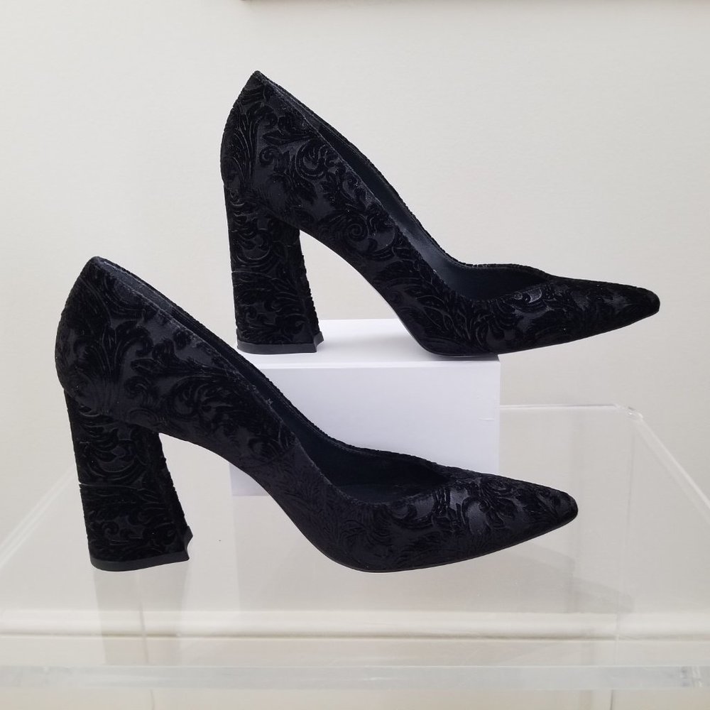 Stuart Weitzman Black Block Heel Velvet Pumps